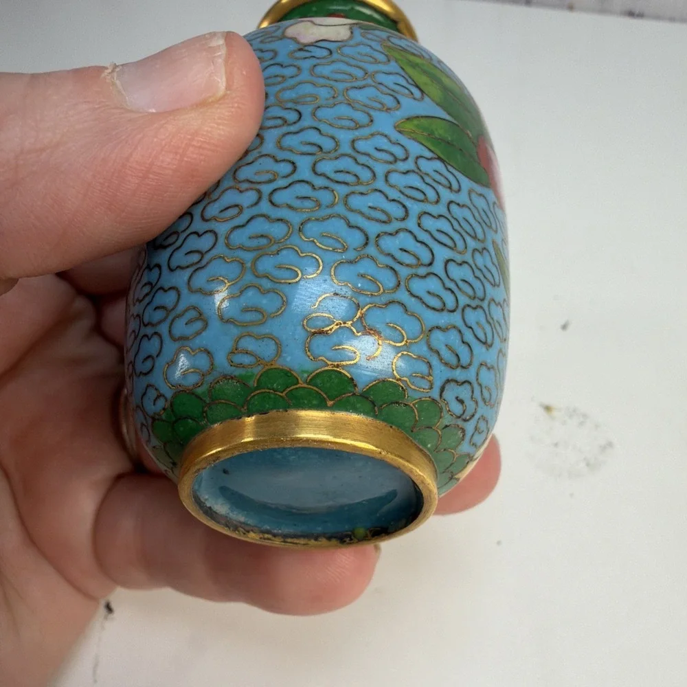 Vintage Miniature Cloisonne Enamel Brass Vase Floral Lotus Flower Motif 3